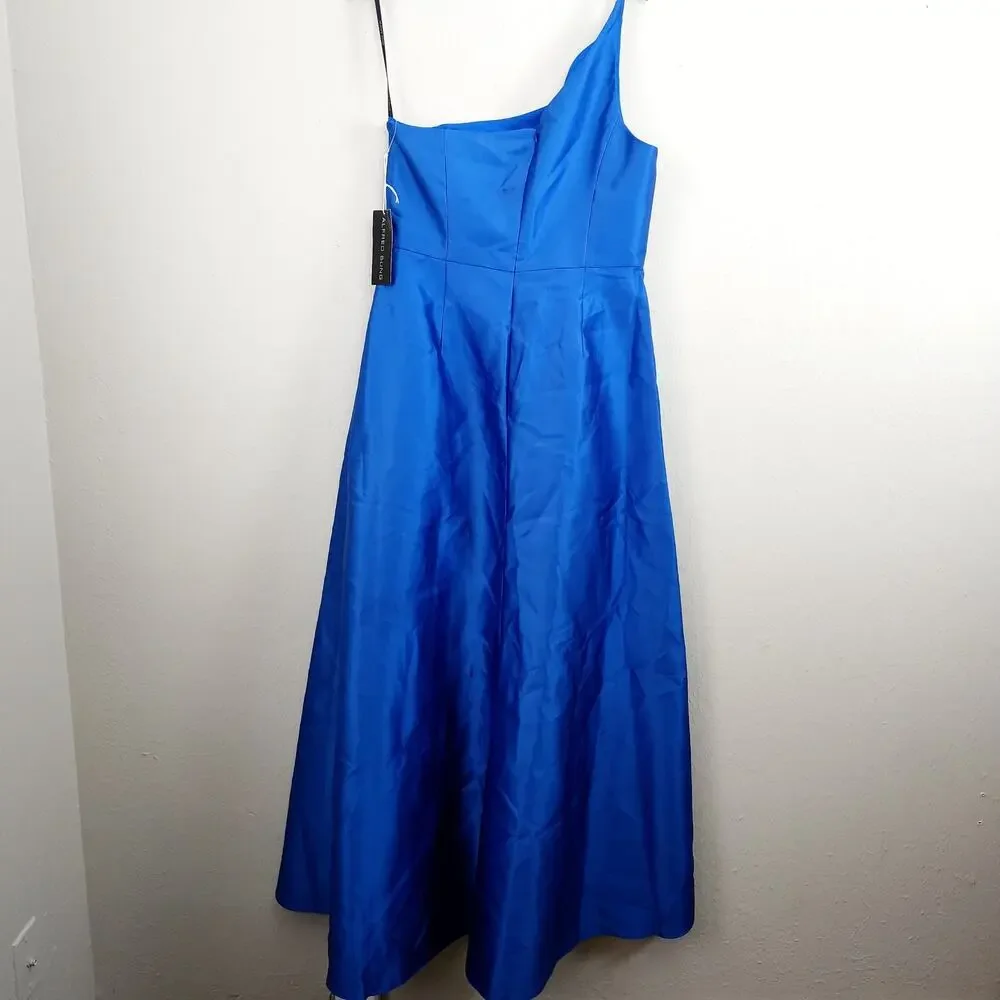 Alfred Sung One Shoulder High Low Satin Gown Classic Blue NWT Size 14 D831 Gown - Picture 9 of 13